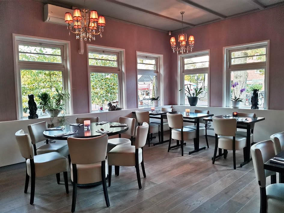 Eetzaal van De Oude Prins: roze wanden, kroonluchters en uitzicht op Bergen